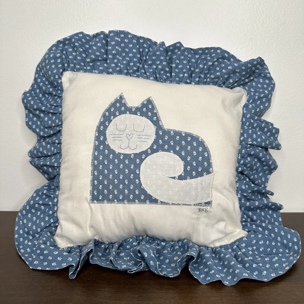 Vintage Quilt Cat Throw Pillow Blue Ruffle Grannycore Embroidered Handmade Kitty